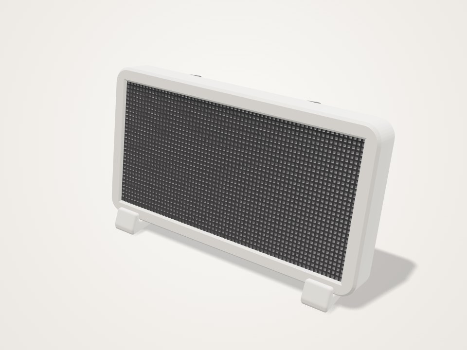 White rectangular frame holding a dark square pixel grid, standing upright on two small feet