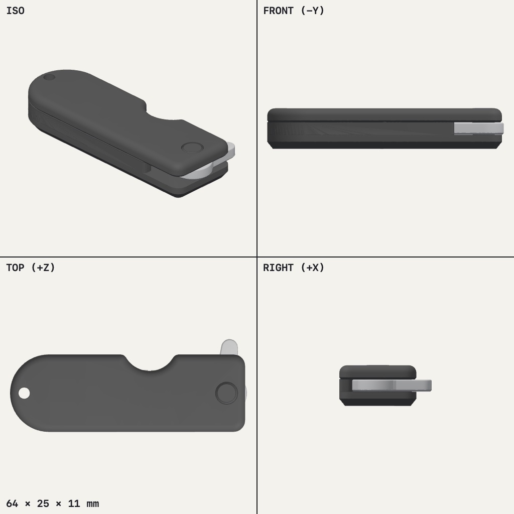 Slim dark rounded case with a pale comb blade folded out at one end and a keyring hole at the other