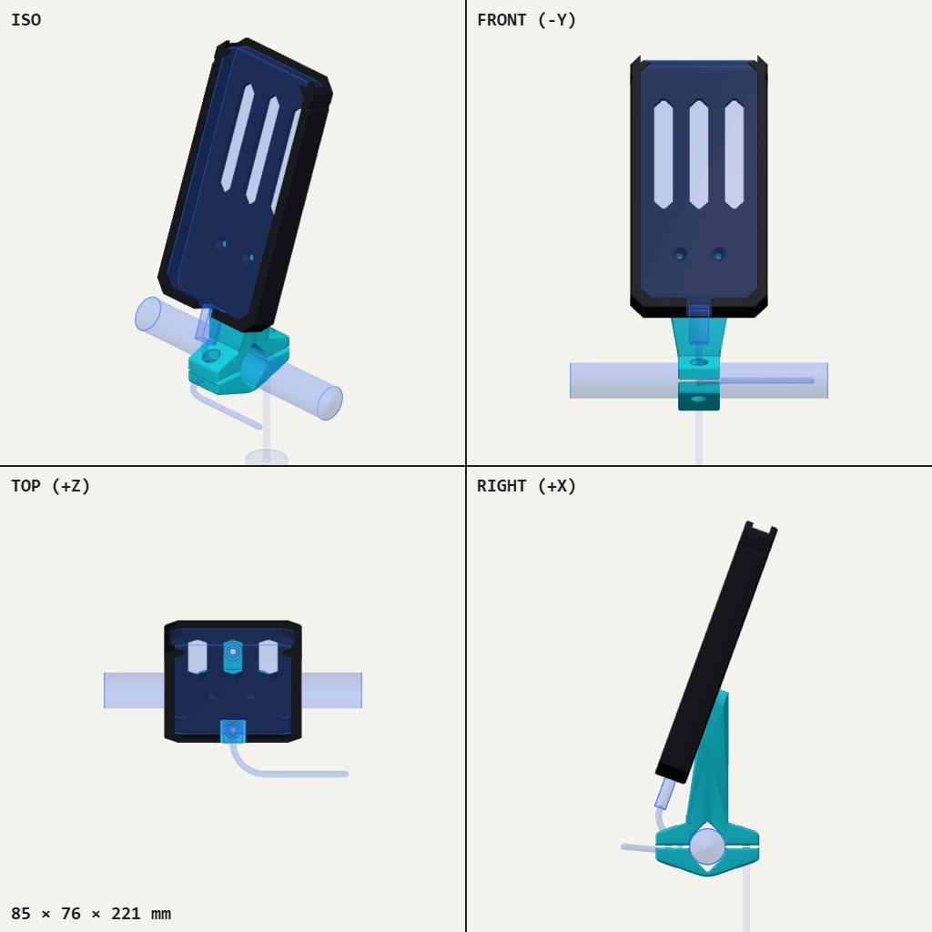 Dark phone cradle with three tall slots, tilted back on a teal clamp bolted to a handlebar