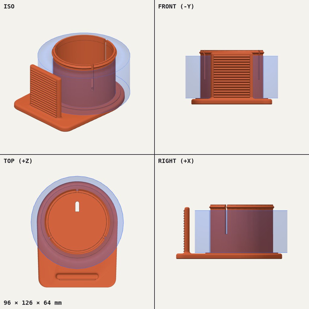 Round hub on a flat base with a slotted upright wall at the front, a tape roll outline around it
