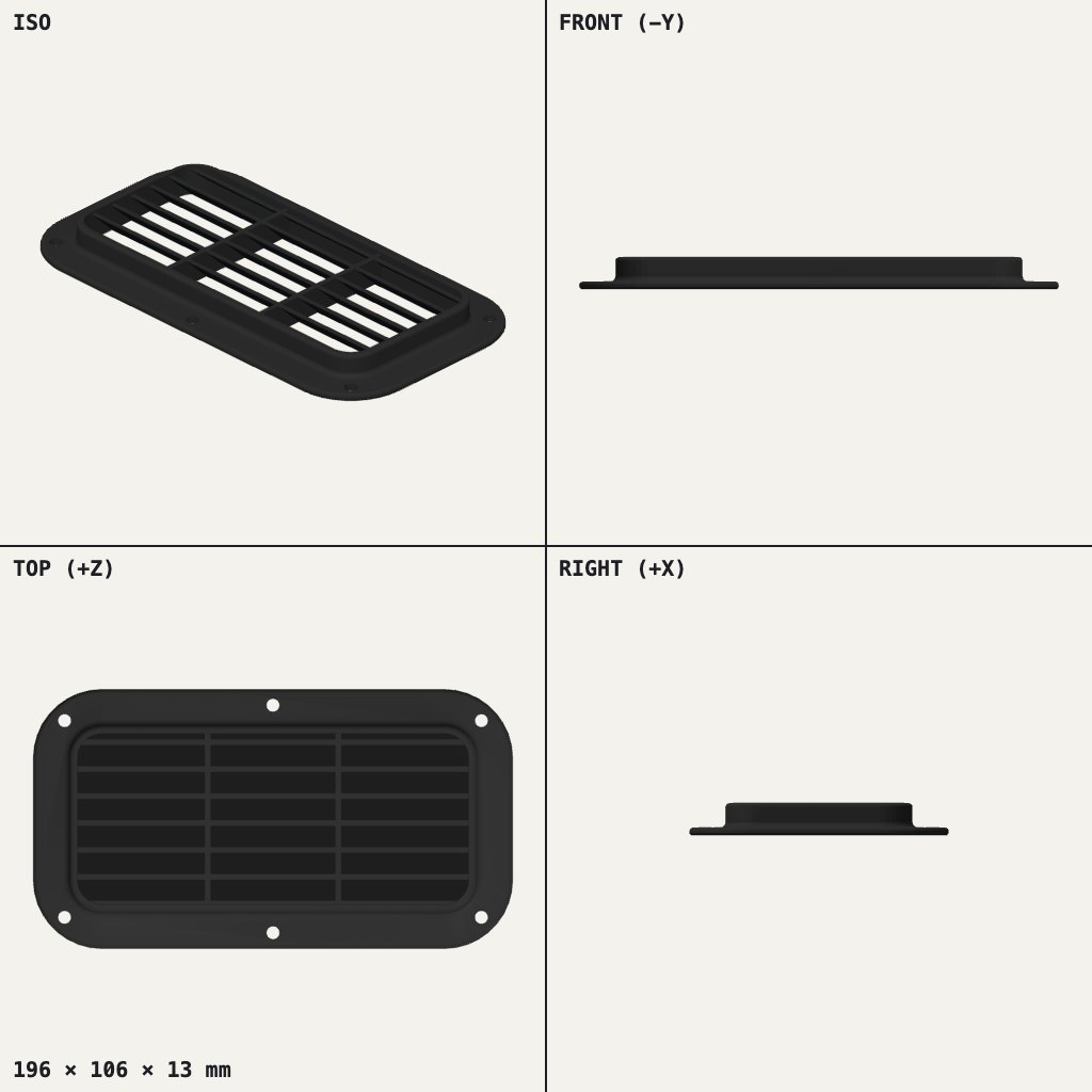 Flat black rectangular vent grille with parallel slots and a flange with six screw holes