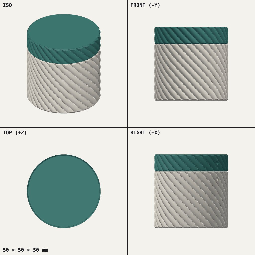 Round canister with diagonal ribs all round and a flat teal lid sitting on a pale body