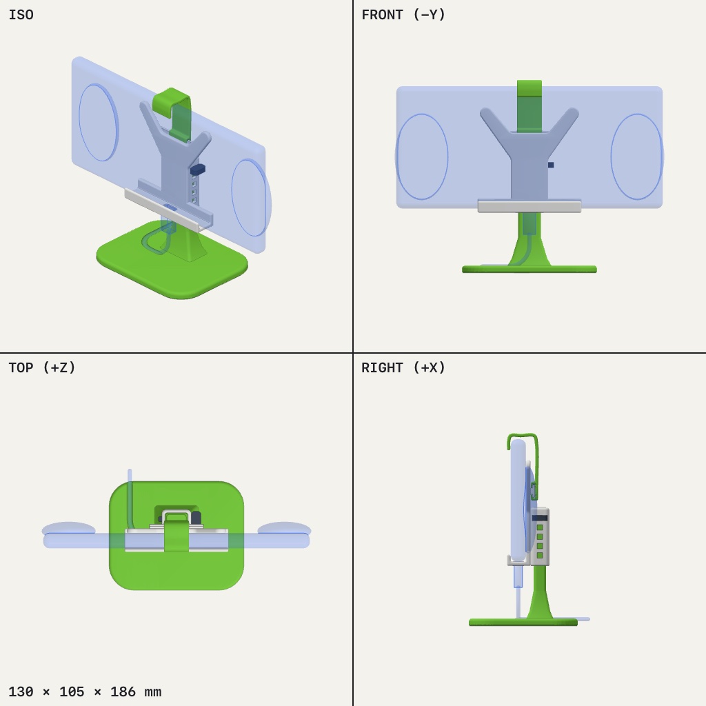 Green base and post holding a wide, flat handheld upright, with a clip over the top edge