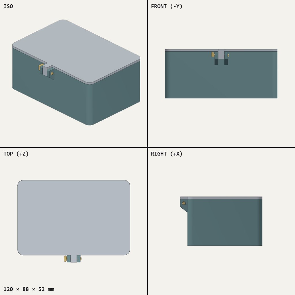 Rounded rectangular box with a flat lid and a small pin latch on the front