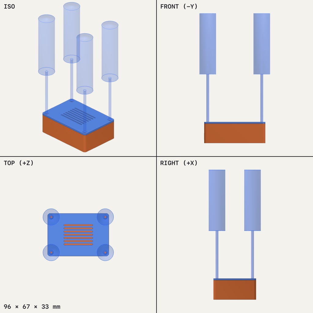 Low rectangular box with a slotted lid and four corner screws floating above it