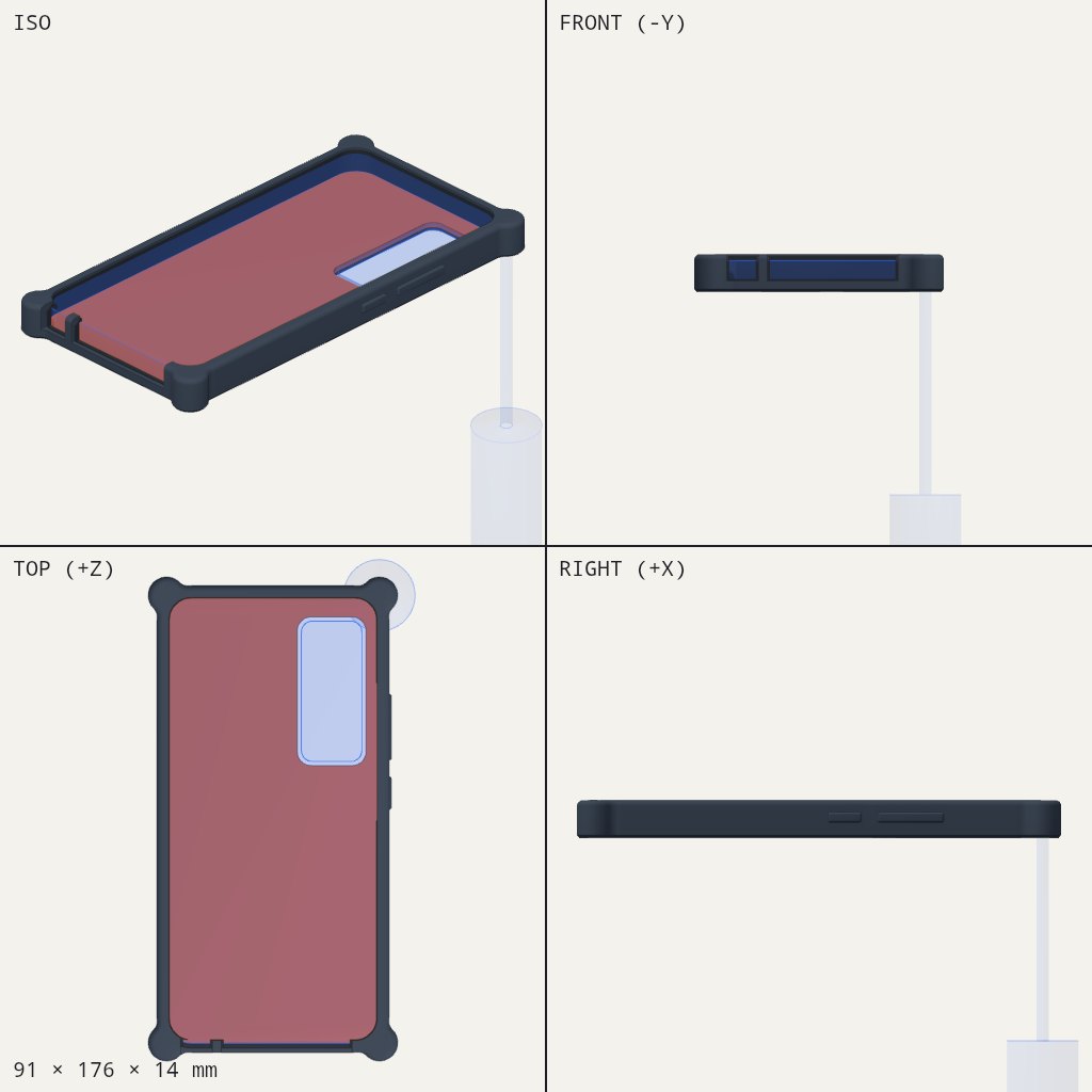 Dark phone case with thick rounded corner bumpers and a rectangular camera cutout on the back