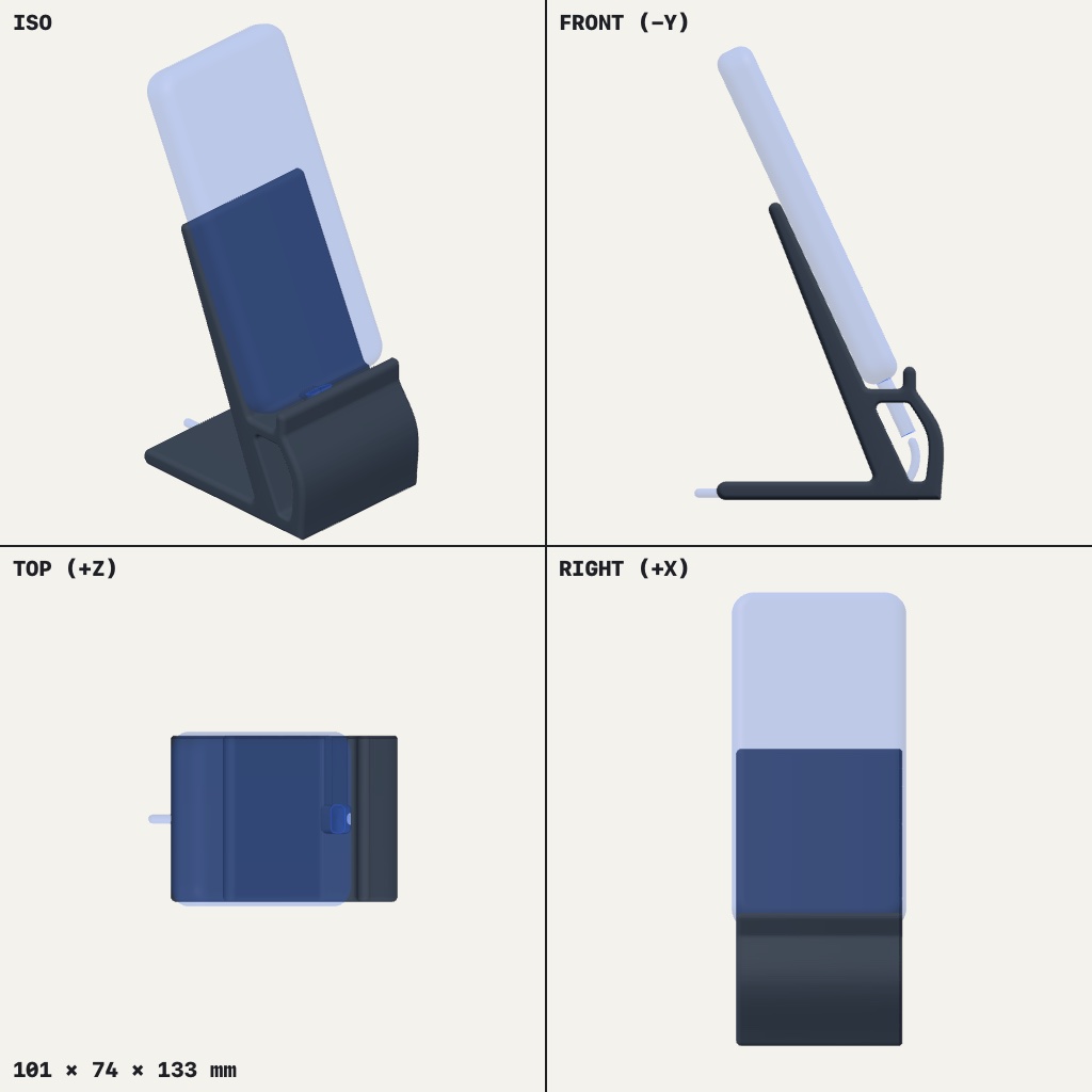 Angled phone stand with a slanted back rest, a curved front lip and a phone resting in it