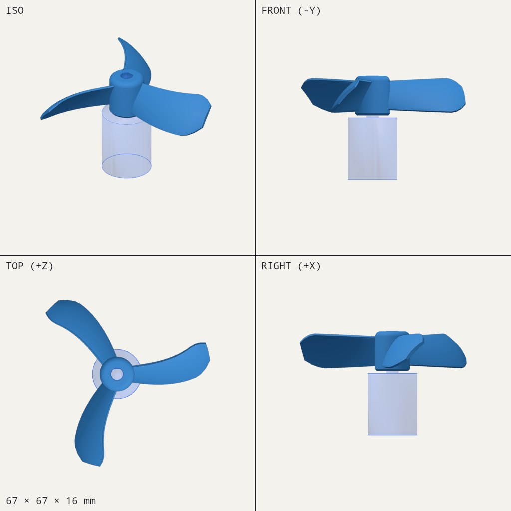 Blue three-blade fan rotor with curved, twisted blades around a small central hub