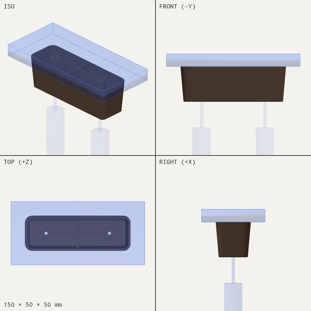 Hollow rectangular furniture foot that narrows toward the bottom, with two screw holes inside