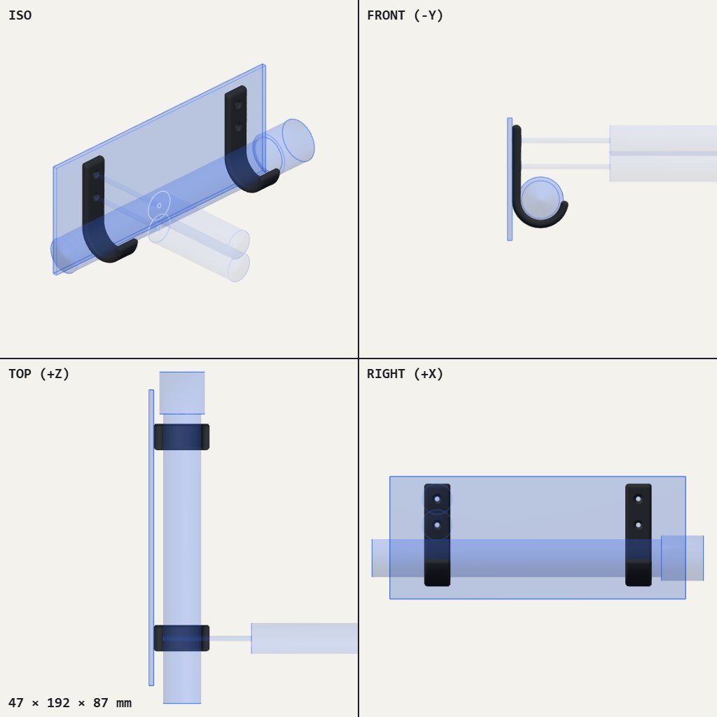 Two dark J-shaped wall cradles holding a long cylindrical hilt in a horizontal row