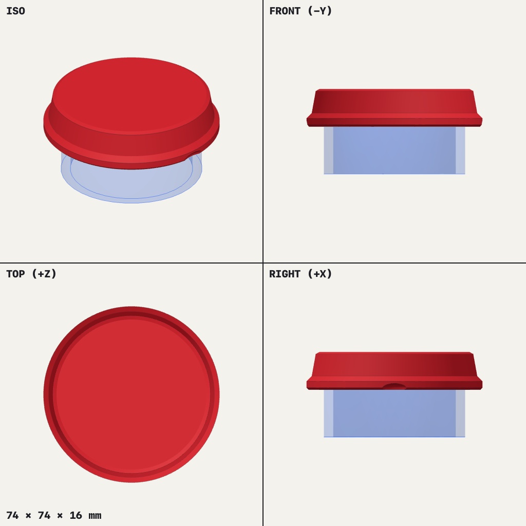 Round red cap with a wide lip and a clear plug underneath that fits inside a pipe