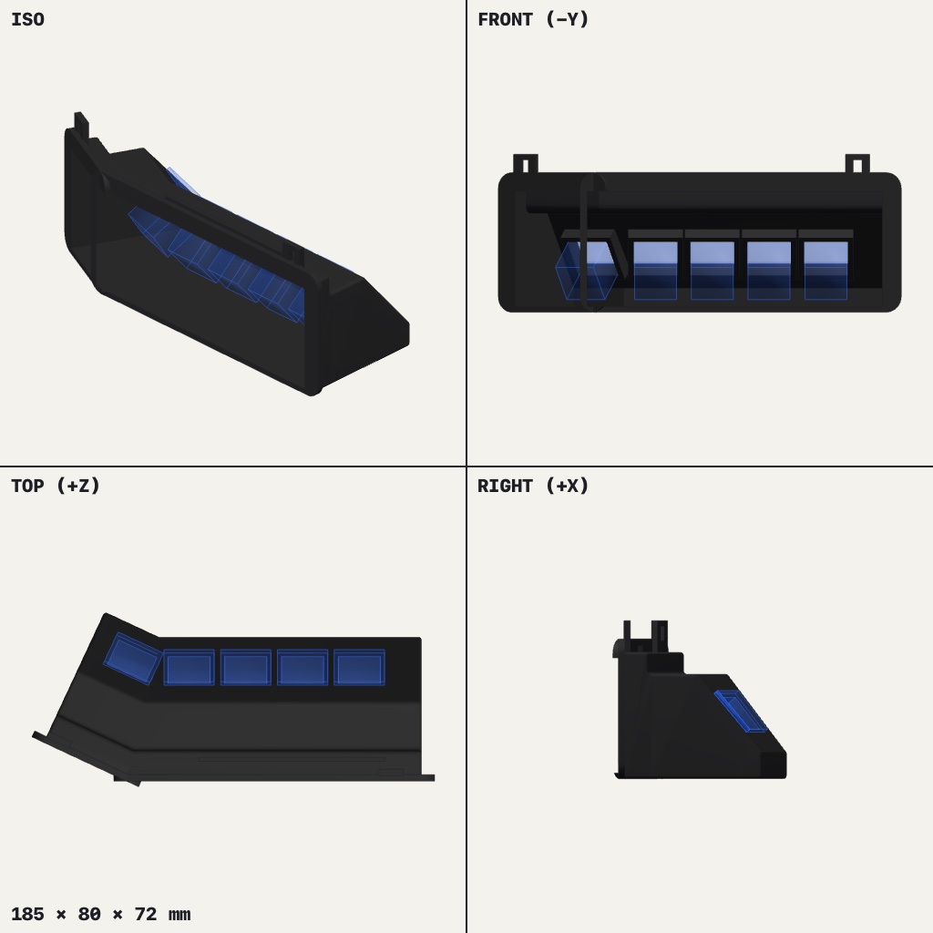 Dark angled switch pod with a row of square switch holes and a side wing bent around the corner