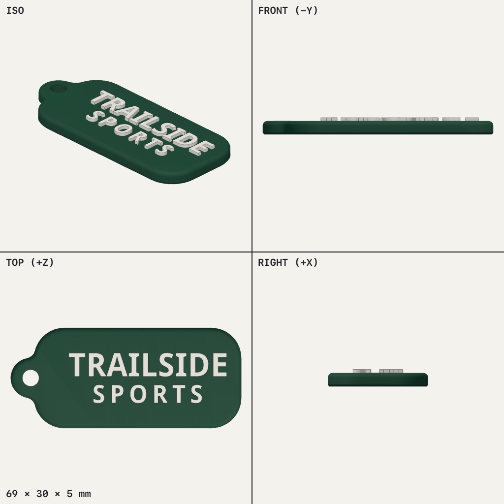 Rounded rectangular key tag with raised TRAILSIDE SPORTS lettering and a round hole at one end