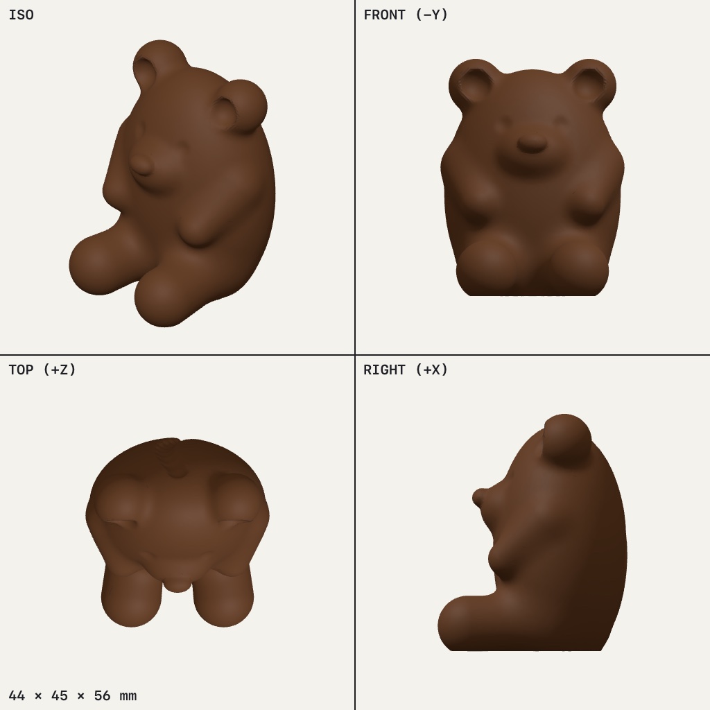 Small brown sitting bear with round ears, a little snout, and two stubby legs in front