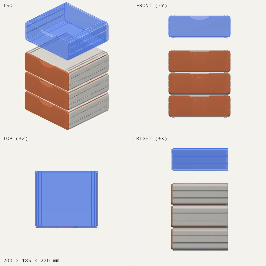 Stack of three small drawers with curved finger dips, one drawer lifted out above the others