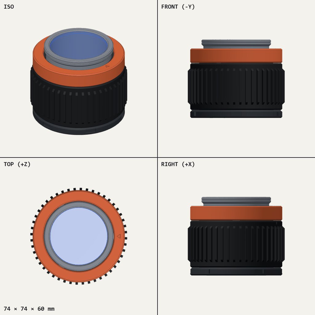 Short round lens barrel with an orange band, a black ridged grip ring and a grey tube on top