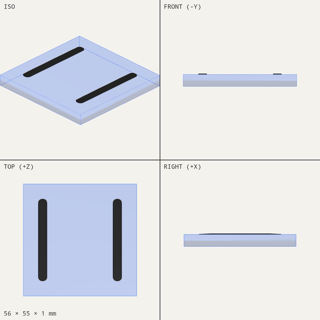 Flat thin square plate with two long rounded slots running parallel along its length