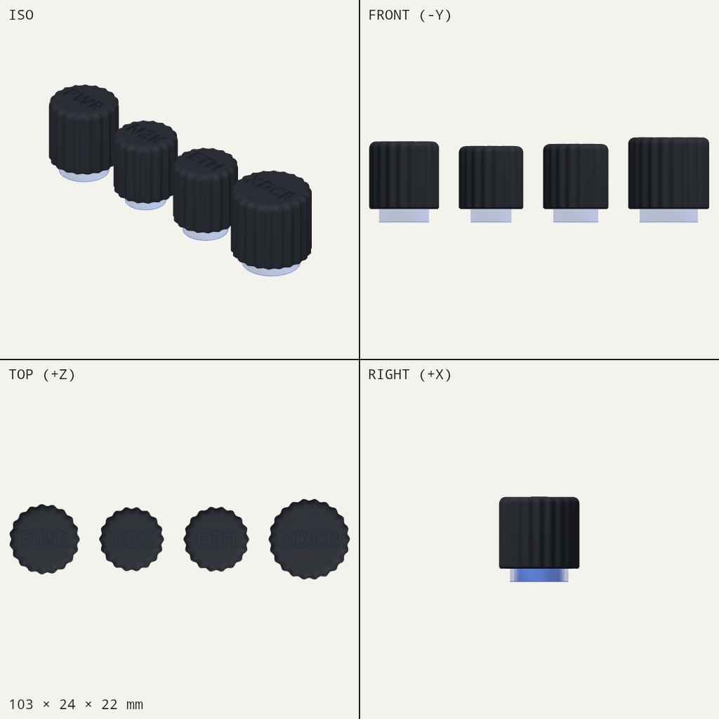 Four dark ribbed round caps in different sizes, each labelled with a port name on top