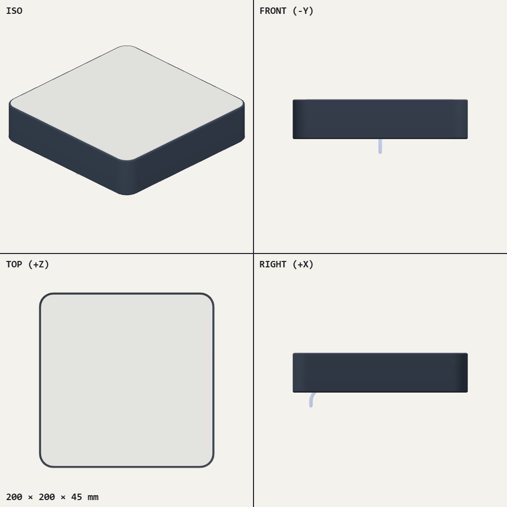 Flat square box with rounded corners and a pale diffuser panel on top