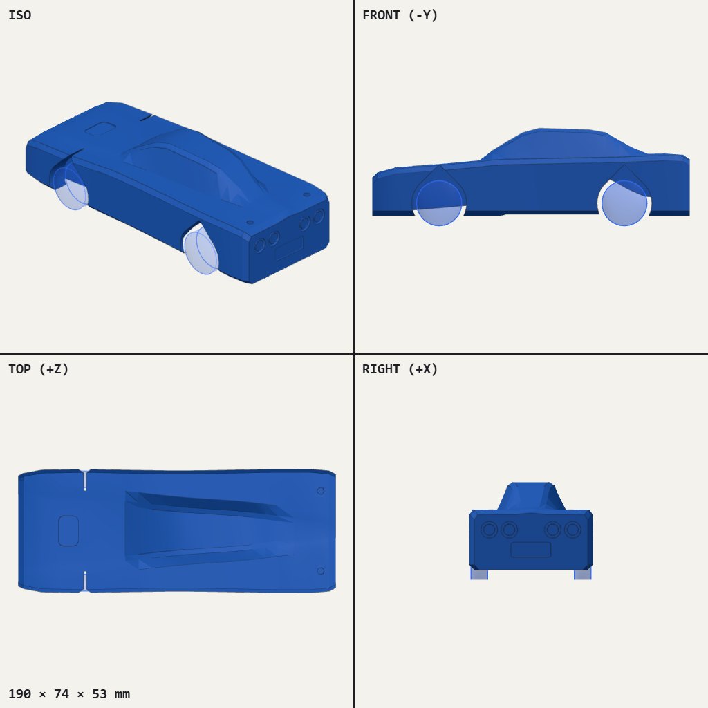 Long blue two-door sports car body with round wheel arches and four round tail lights