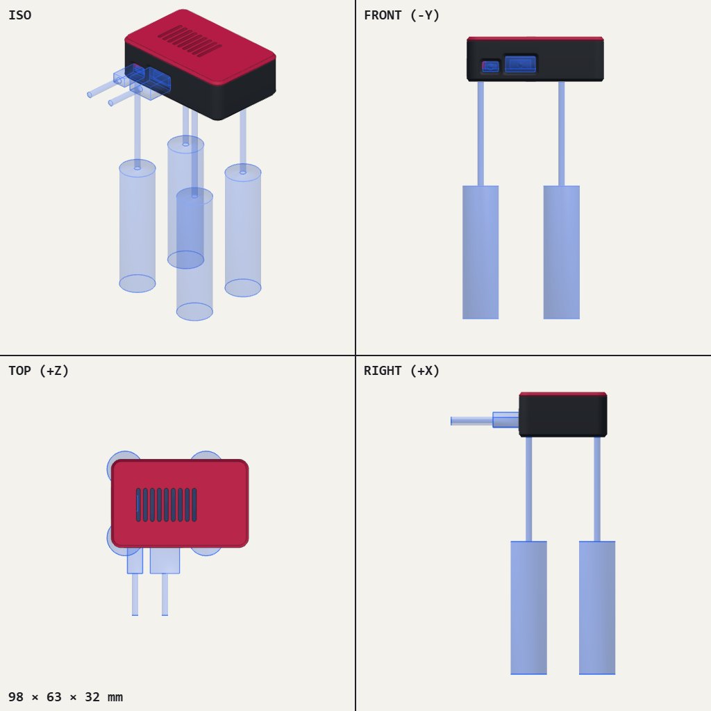 Small dark box with a red lid and vent slots, with openings for an HDMI plug and a power plug on one side