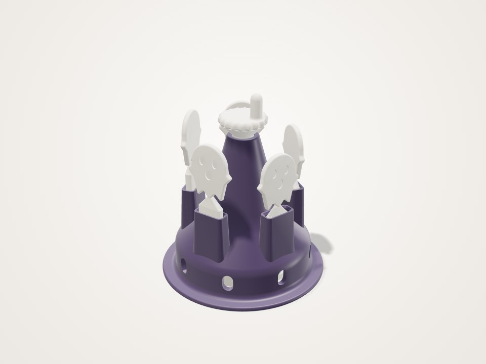 Purple round-based toy with a crank on top and white ghost figures standing in slots around it