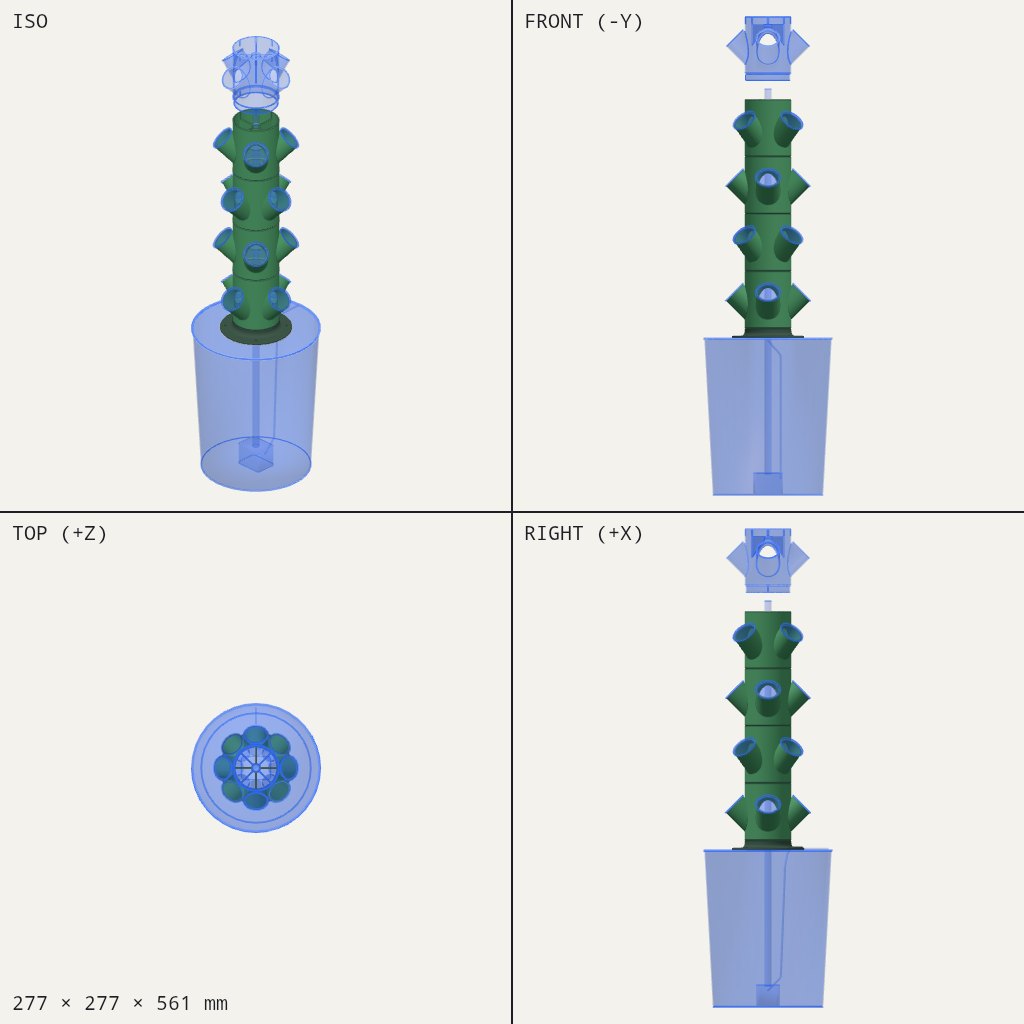 Tall green tower of stacked sections with angled pot pockets, standing above a translucent bucket