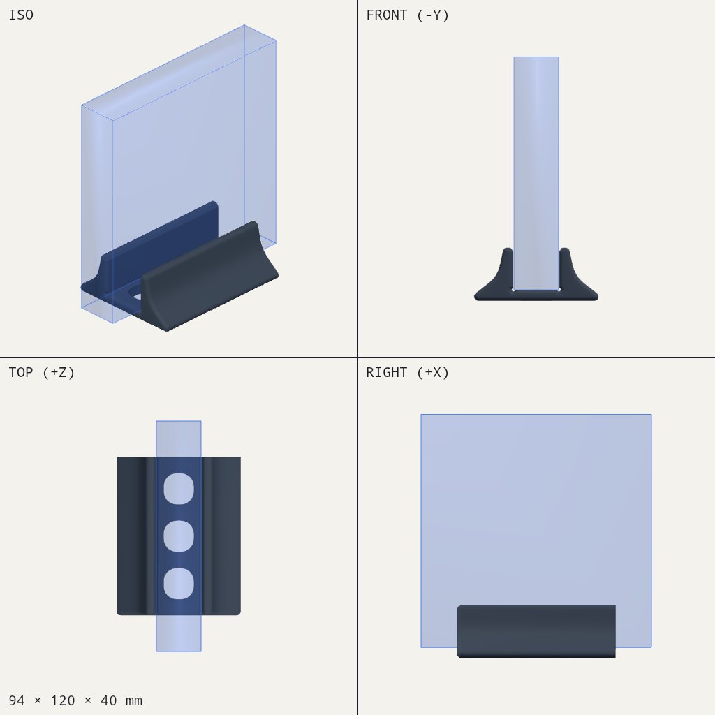 Low dark stand with two raised side lips and three oval openings in the base, holding a slim box upright