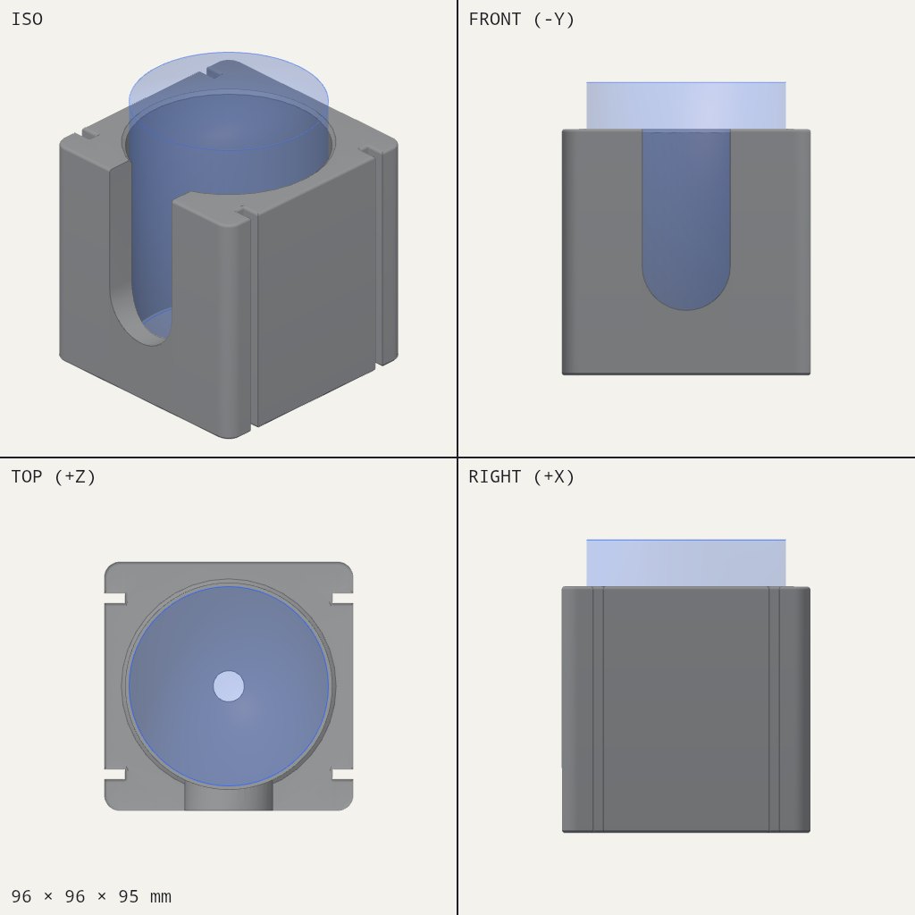 Square block with a round cup well and a U-shaped slot cut into the front, small notches on two sides