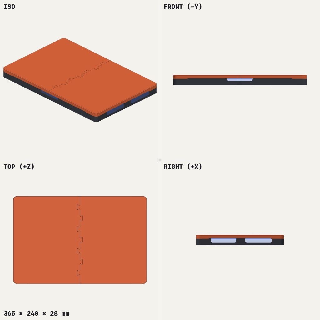Flat orange laptop case with a zigzag seam down the middle and small blue catches along the edges