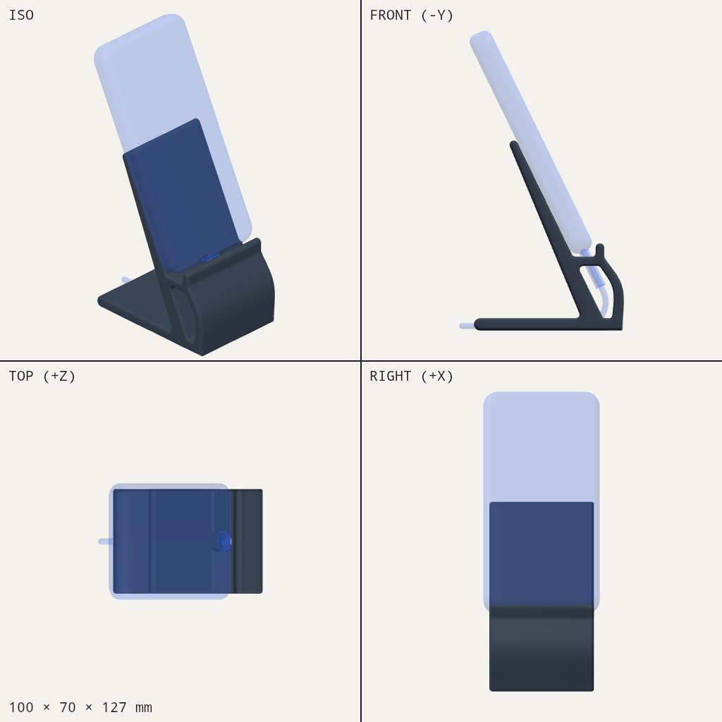 Angled phone stand with a low lip and a cable loop at the base, holding a phone upright
