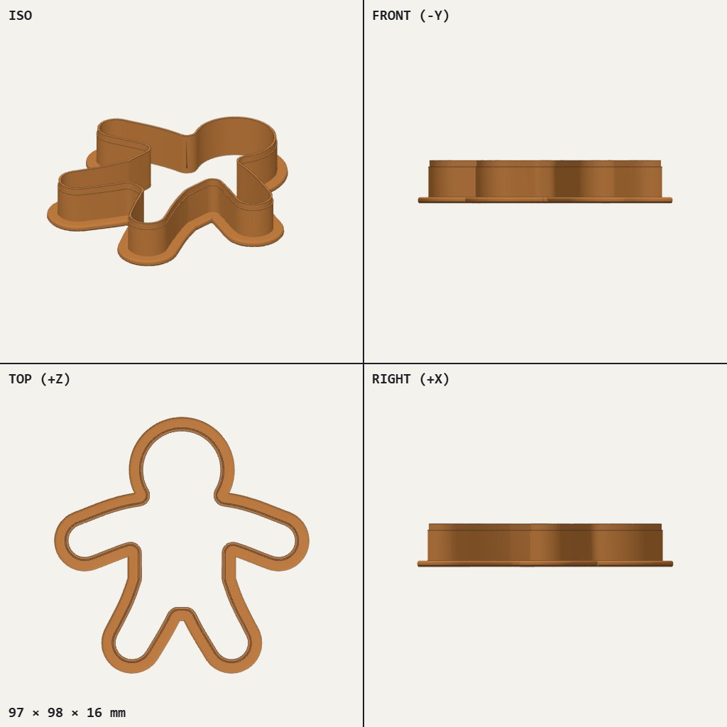 Gingerbread man shaped cookie cutter with a thin wall and a flat flange around the base