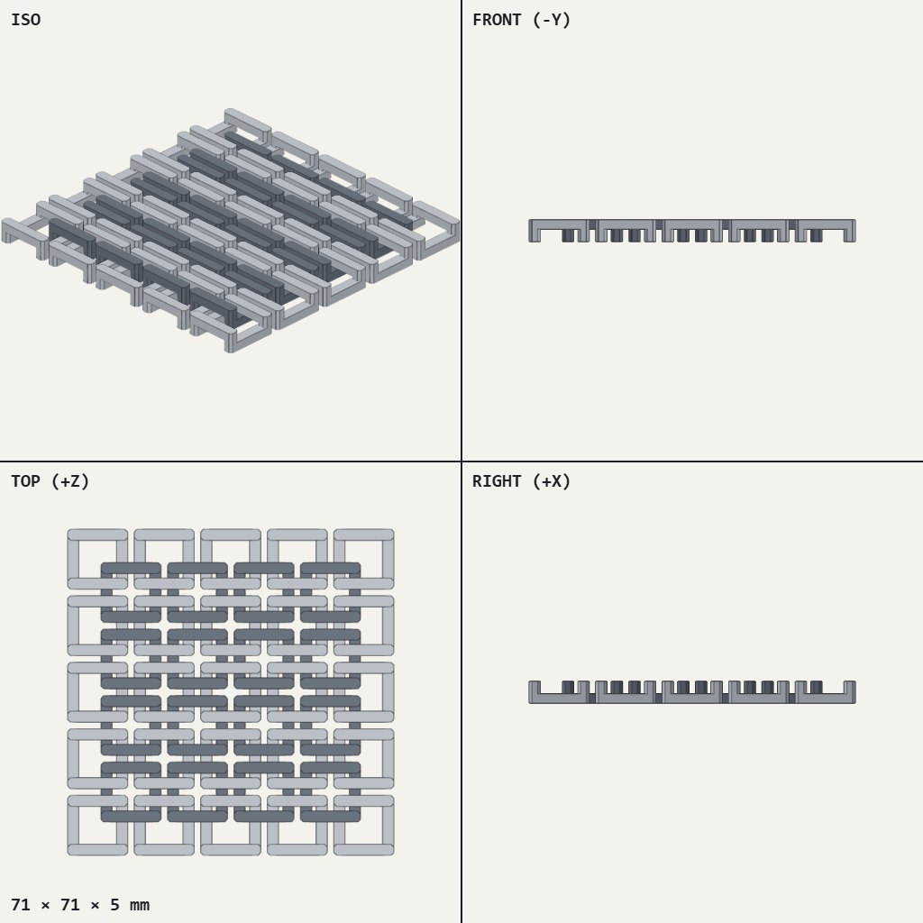 Square mesh of interlocking rectangular links in two tones, laid flat in a grid