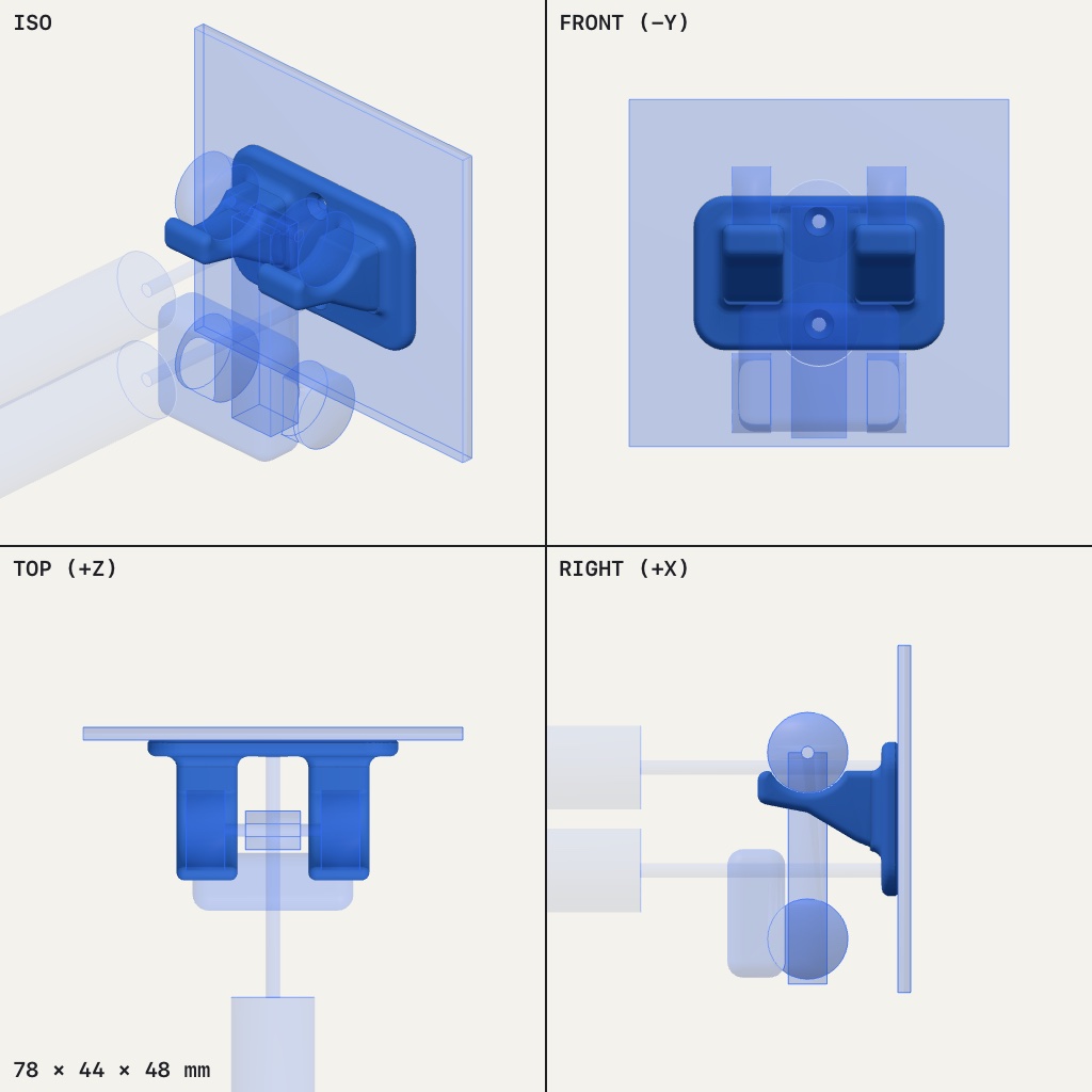 Flat wall plate with two curved hooks and a centre slot holding a toy truck by its wheels