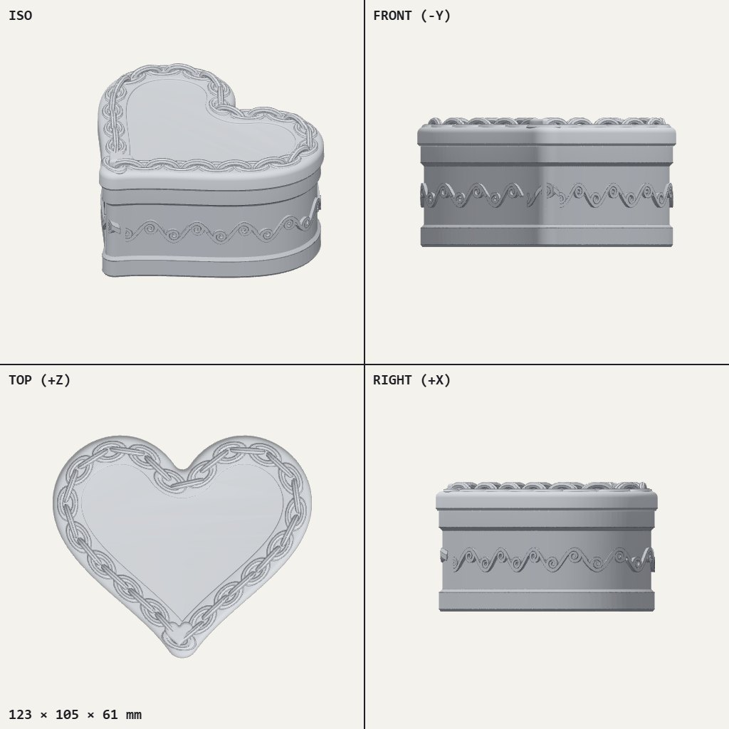 Heart-shaped lidded box with a raised chain border on top and a wave pattern around the sides