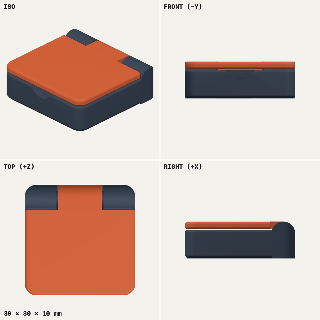 Small square box in dark grey with an orange lid hinged along the back edge