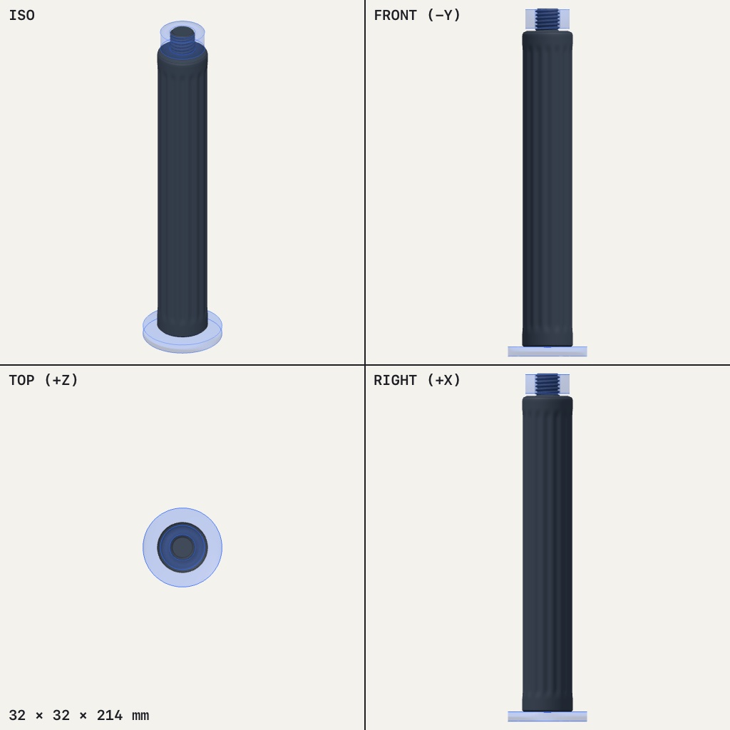 Tall ribbed dark cylinder with a threaded stud on top and a flat round disc at its base