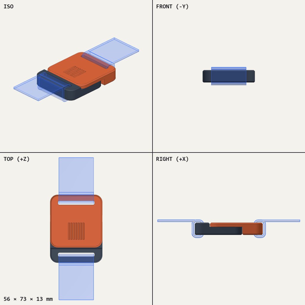 Two-part buckle with orange top and dark base, a strap looped through a slot at each end