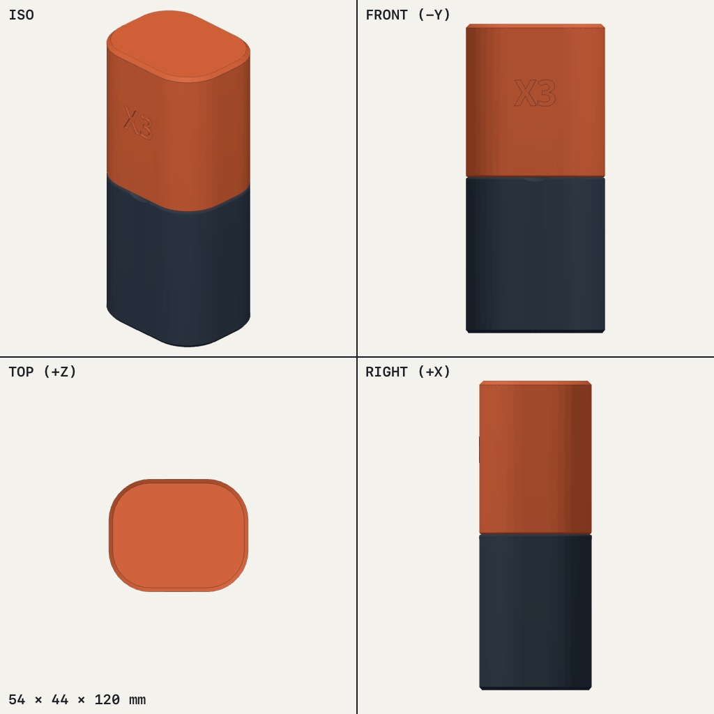 Tall rounded case in two parts, an orange lid over a dark base, with X3 marked on the front