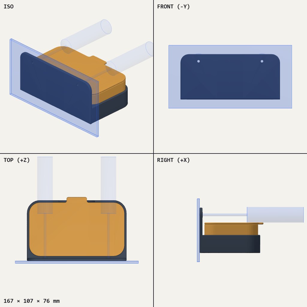 Shallow orange tray with a lid sitting in a dark wall-mounted holster, with two screw positions at the top
