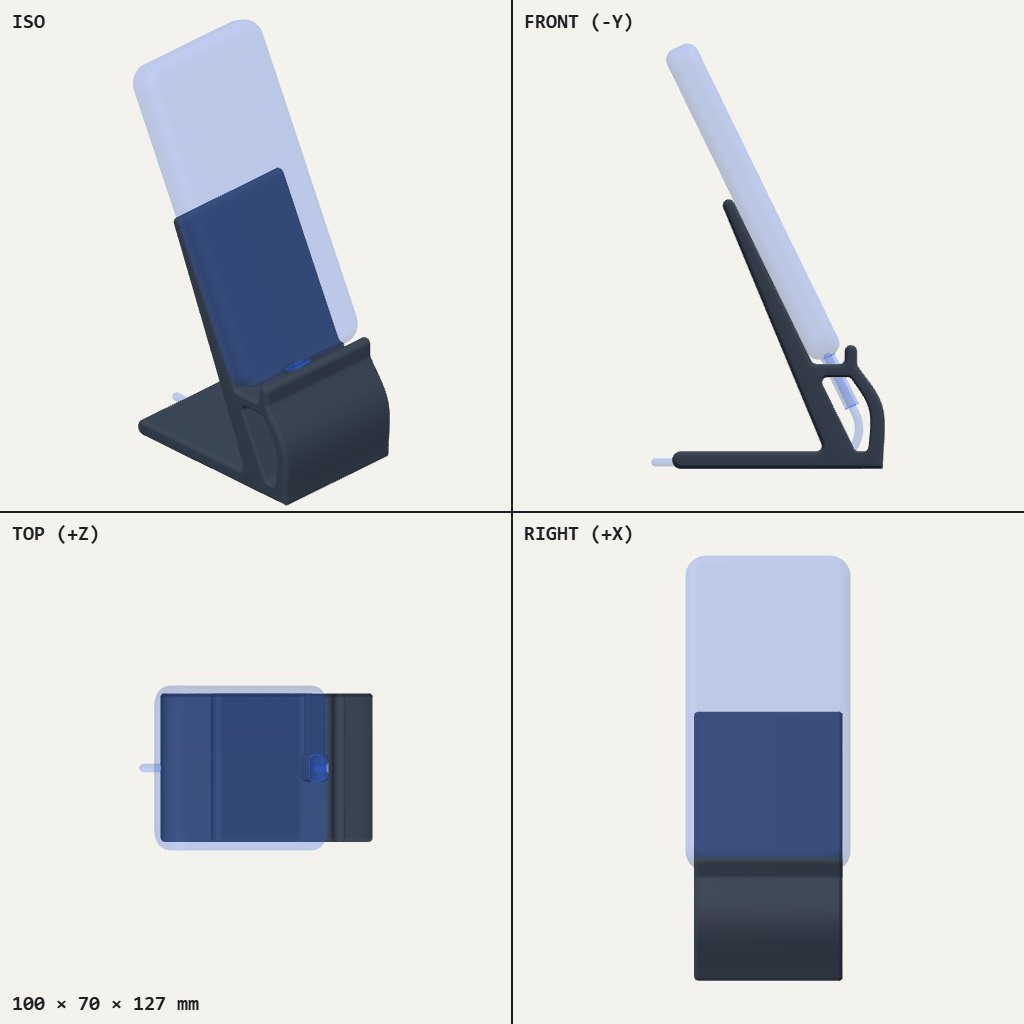 Angled phone stand with a low base and a curved cable loop, holding a phone upright