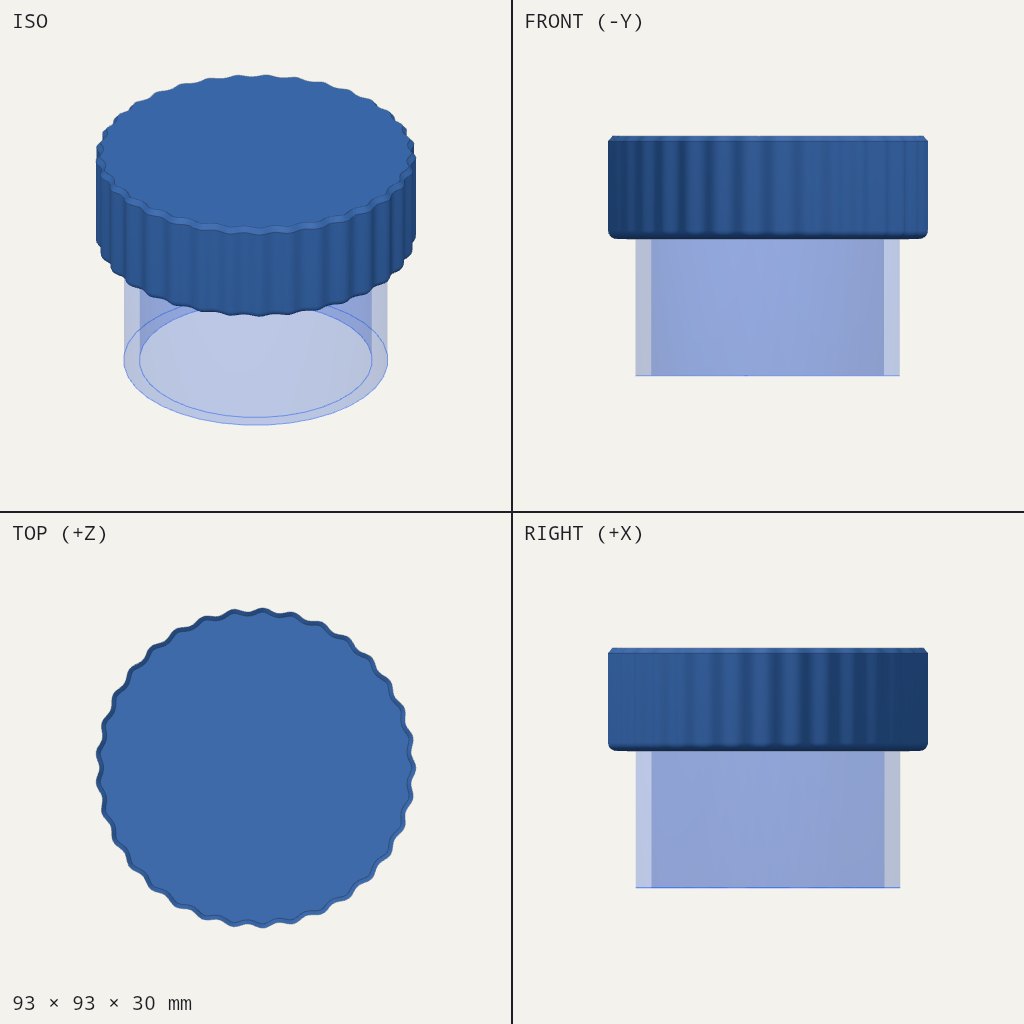 Round fluted cap with a smaller threaded cylinder underneath, shown in blue
