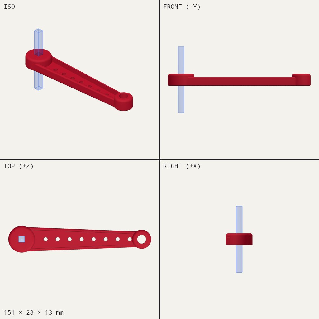 Long flat red arm with a square hole in a round hub, a row of small holes and a round hole at the far end