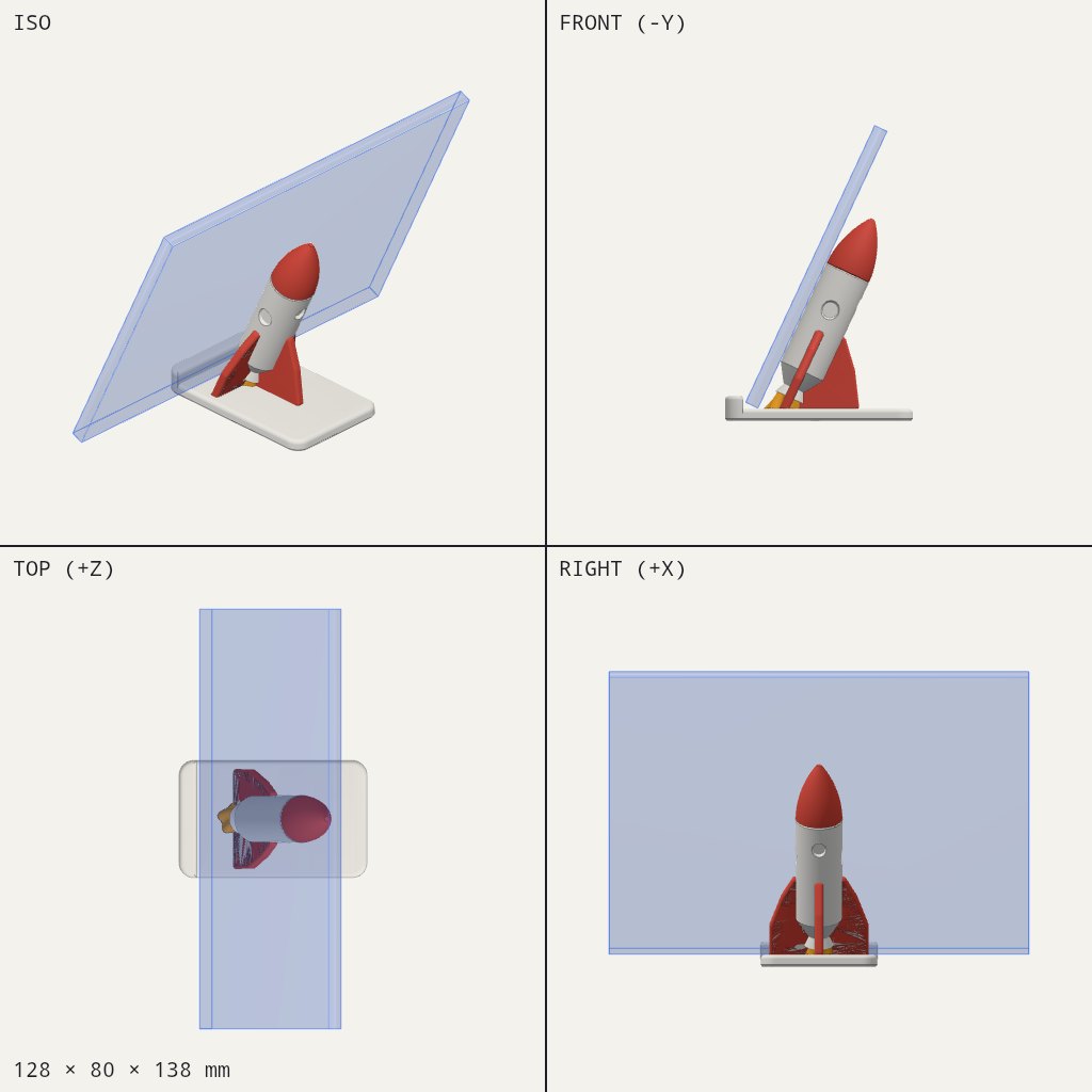Small red and grey rocket on a flat pad, leaning back to hold a tablet against it