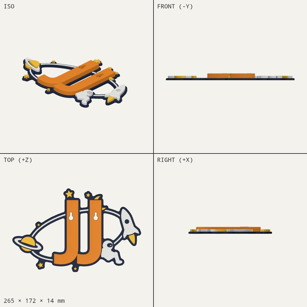 Two orange letter J's ringed by an orbit with a ringed planet, rocket, astronaut and stars on a dark backing