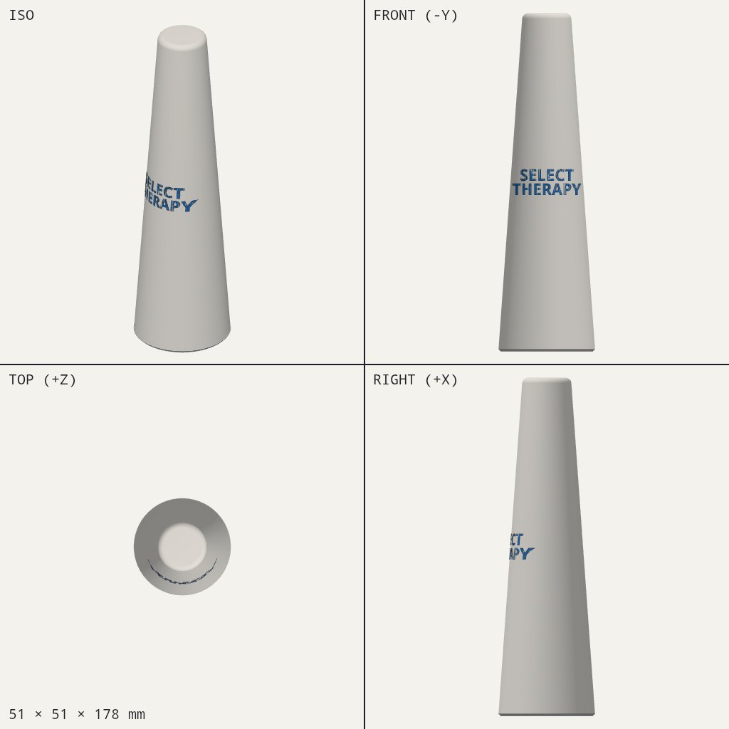Tall grey cone with blue SELECT THERAPY lettering around the middle, wide at the base and narrow at the top
