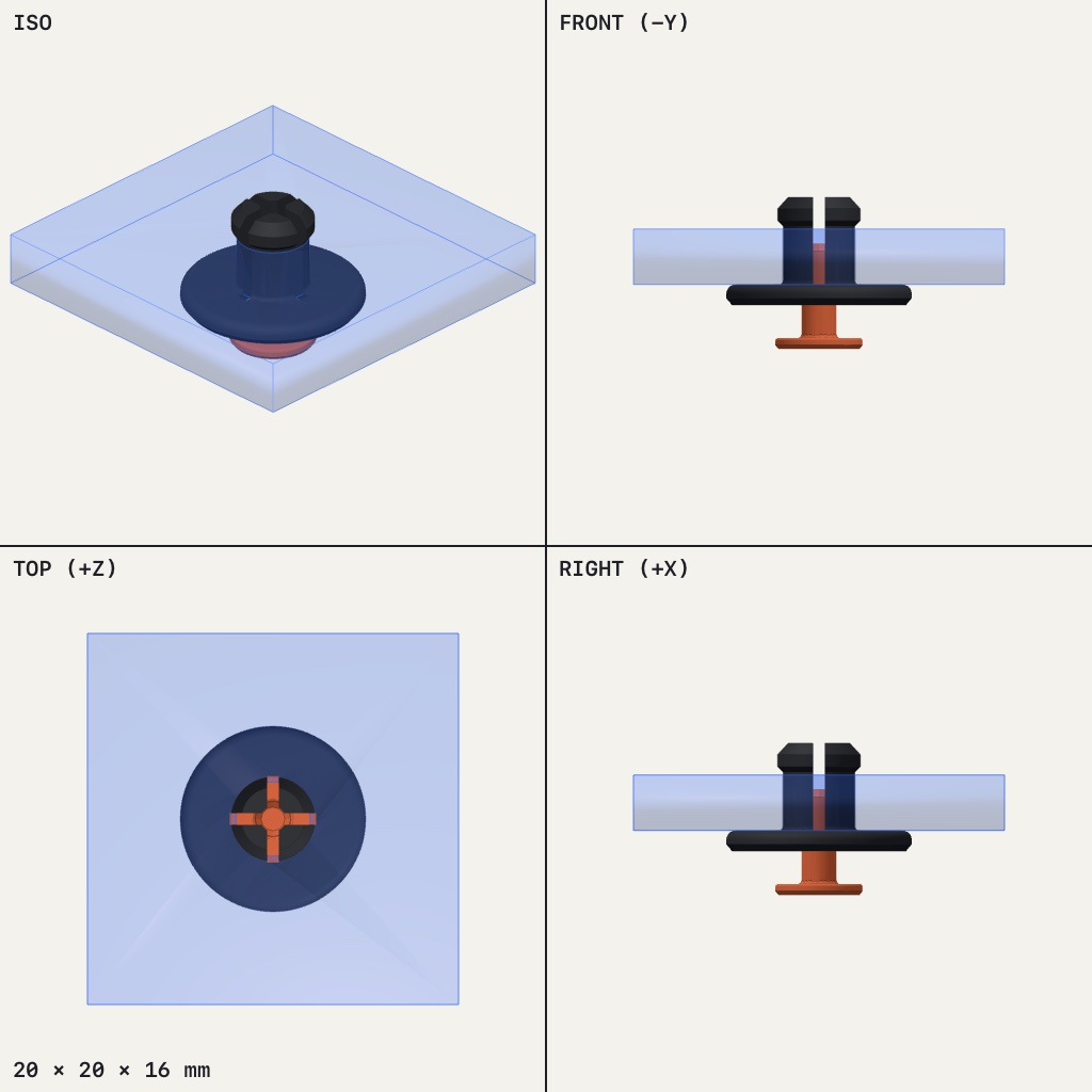 Push-pin clip with a slotted black head, wide round flange and orange centre pin, through a flat panel