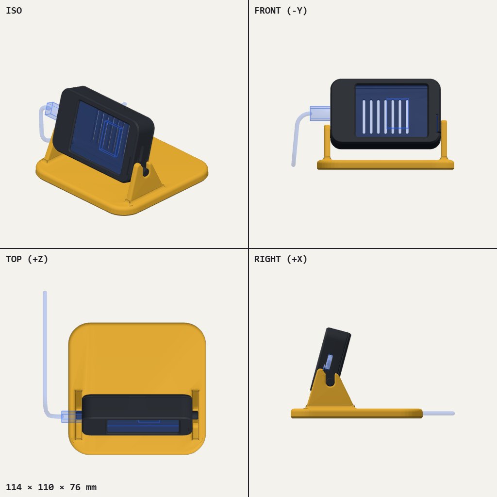 Dark screen case held between two yellow arms on a flat base, tilted back, with a cable at the side