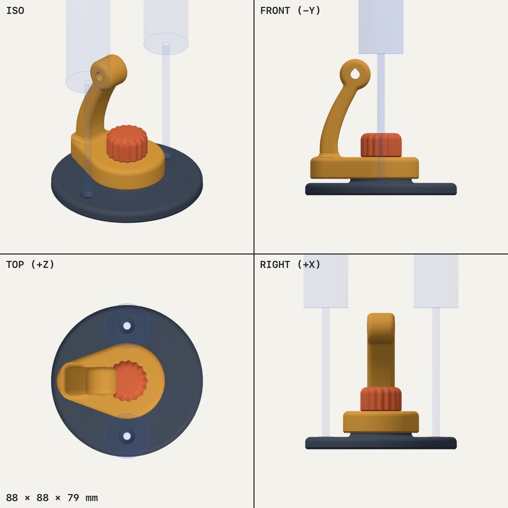 Orange curved arm with a loop at the top, a red ridged knob and a round dark base