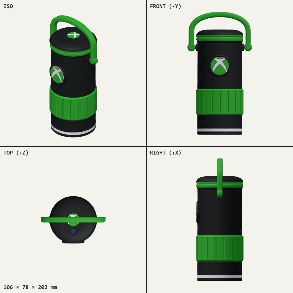 Tall black can holder with a green grip band, round Xbox badge, and a green carry handle over the lid